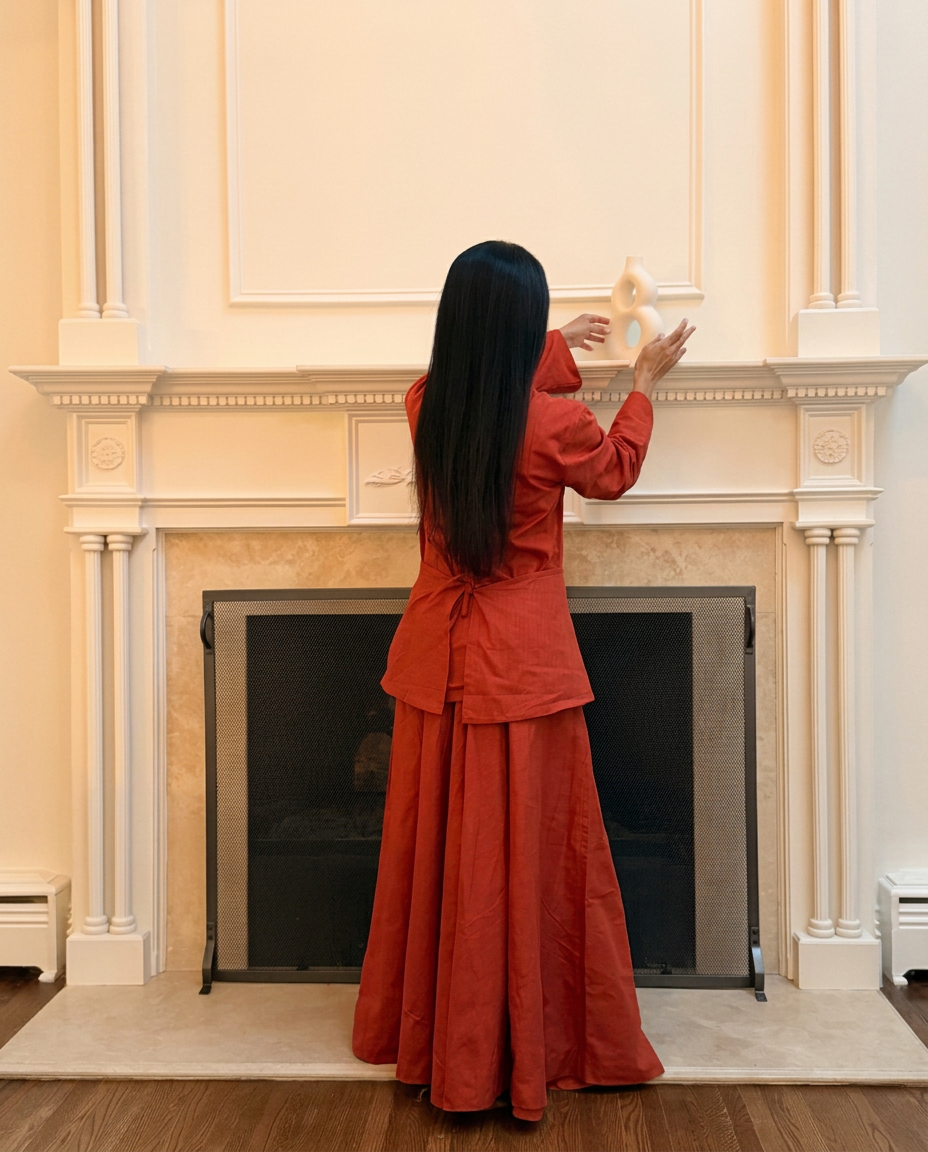 Model with long uncovered hair wearing Zaiba's rust tunic and skirt set beside an ivory fireplace